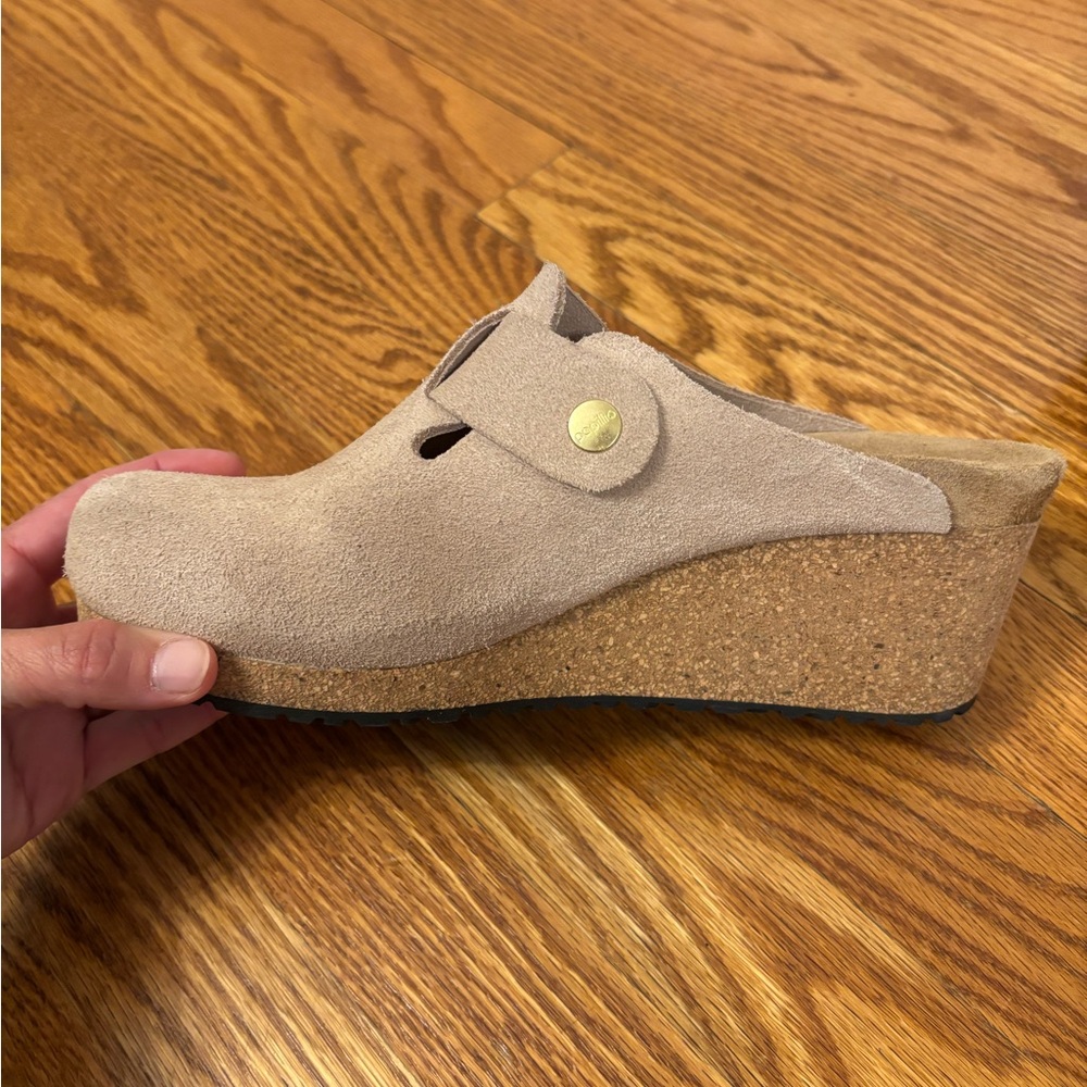 Birkenstock Papillio Fanny Tan Suede Wedge Clog